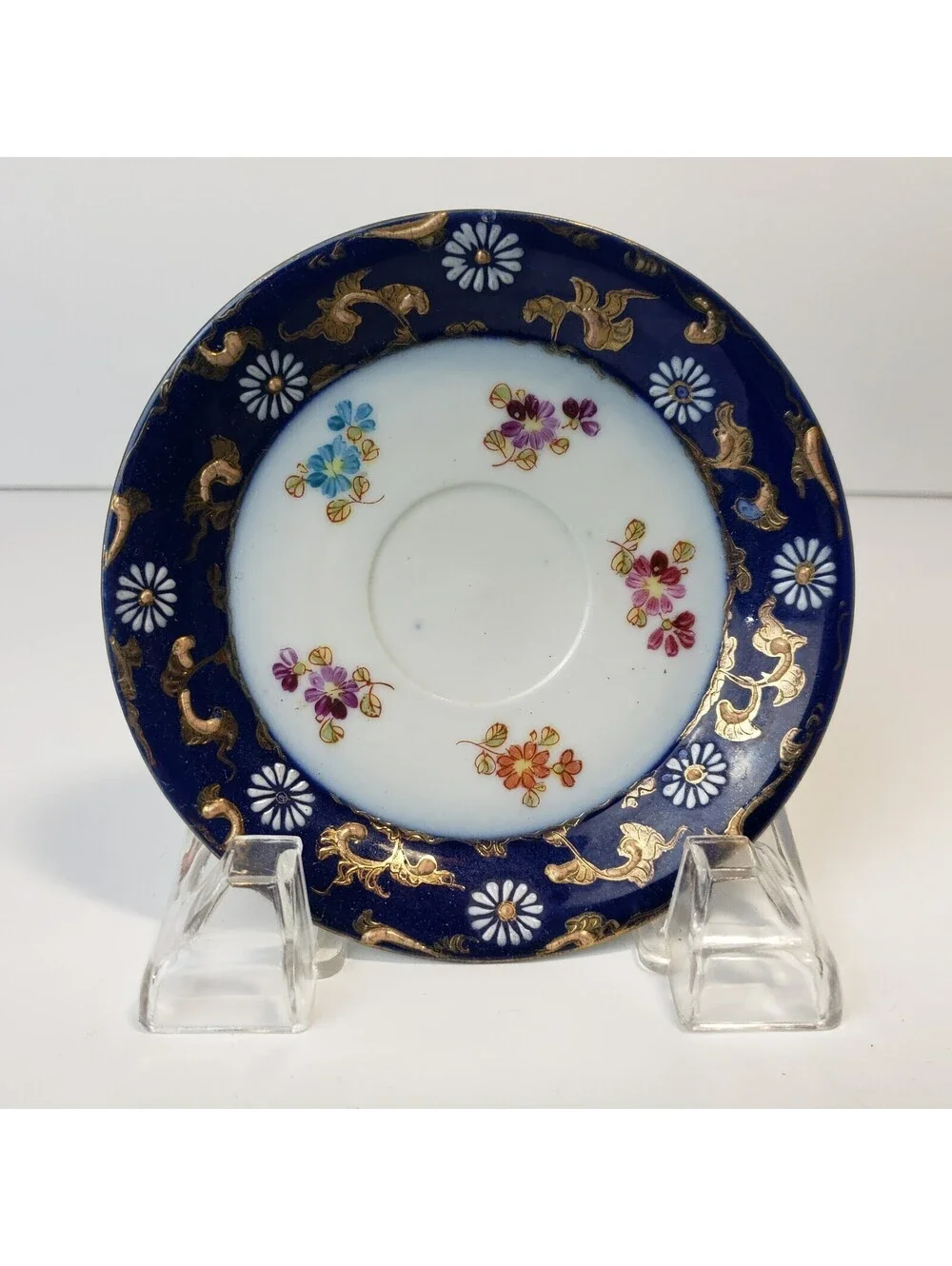 Vintage Porcelain Demitasse Teacup & Saucer  Moriage Cobalt Blue HP Floral Japan